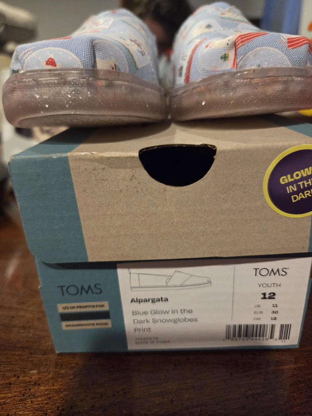 TOMS Kids Light Blue Snow Globe Print Slip-Ons with Red Lining Size 11